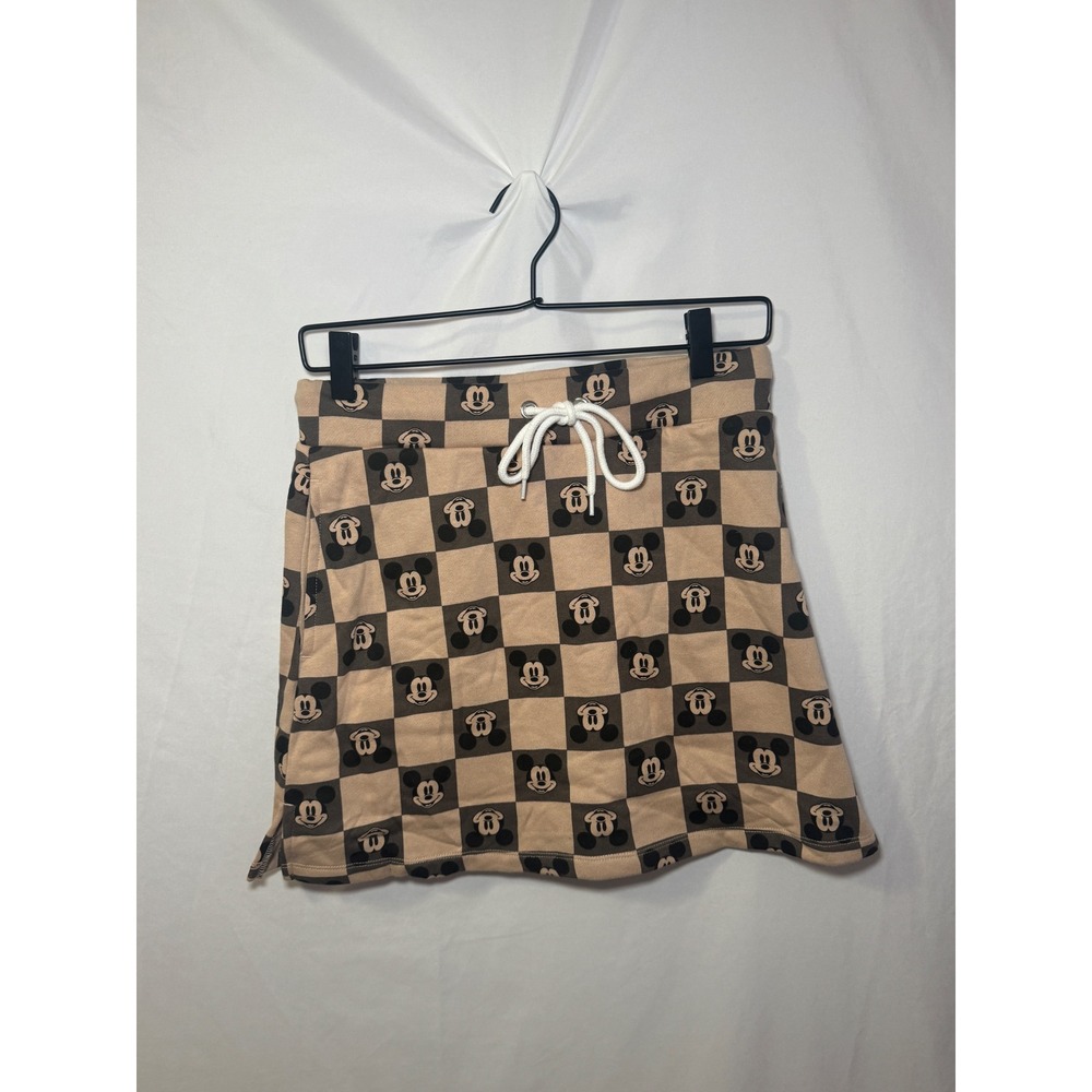 Disney Mickey Mouse Checkered Skirt Womens M Tan Black Streetwear Athleisure
